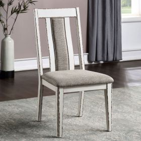 Classic Weathered White / Warm Gray Set of 2 Side Chairs Fabric Unique Back Solid wood Chair Upholstered Seat Kitchen Rustic Dining Room Furnitur