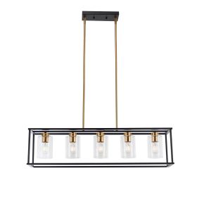 5-Lights Industrial Farmhouse Style Hanging Decorative Rectangle Pendant Lights, Black Antique Brass With Clear Glass Shade