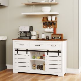 53" Farmhouse Sideboard Buffet Storage Cabinet with 3 Drawers, 2 Sliding Barn Doors, 2 Adjustable Shelves, Coffee Bar Cabinet for Kitchen, Living