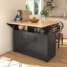 55.7" Large Kitchen Island with 2 Drop Leaf,Rolling Kitchen Cart on 5 Wheels with Power Outlet, Folding Storage Dining Table with Spice & Towel R (Color: Black, Material: MDF)